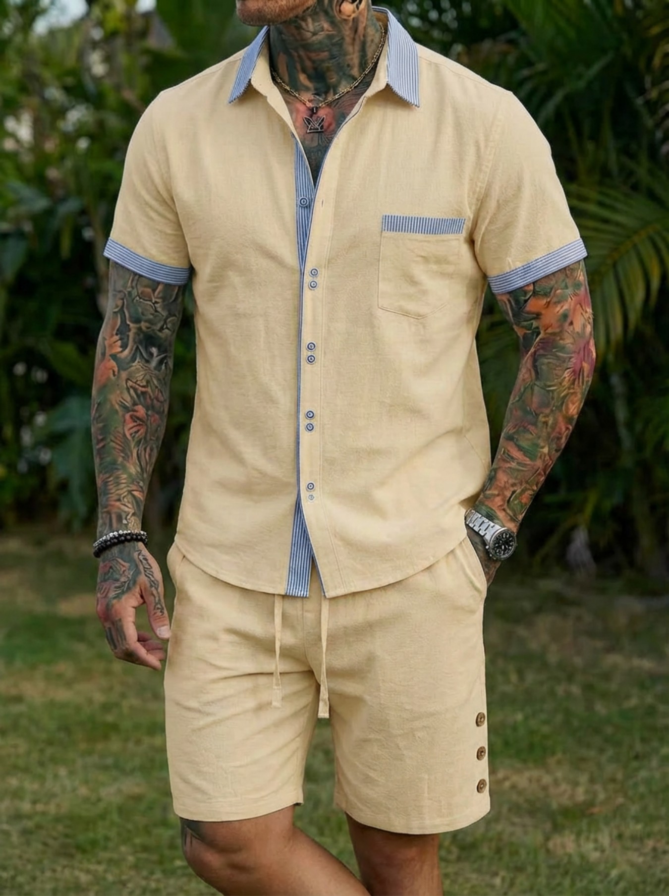 Men's Fashion Cuban Style Shir - огляд і ціна Short Linen Drawstring